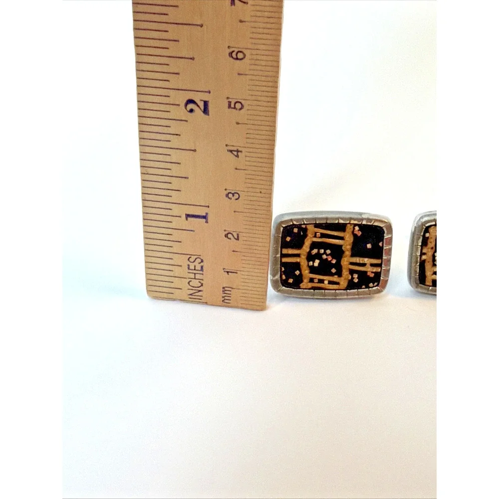 Vintage HICKOK USA Black Gold Enamel Silver Tone Abstract Cufflinks Mid Century